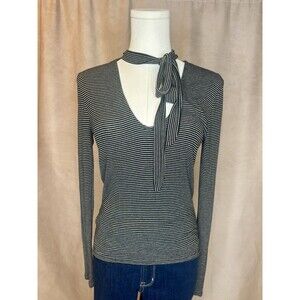 Express Striped Tie Neck Top Fitted Stretch Long Sleeve Shirt M
